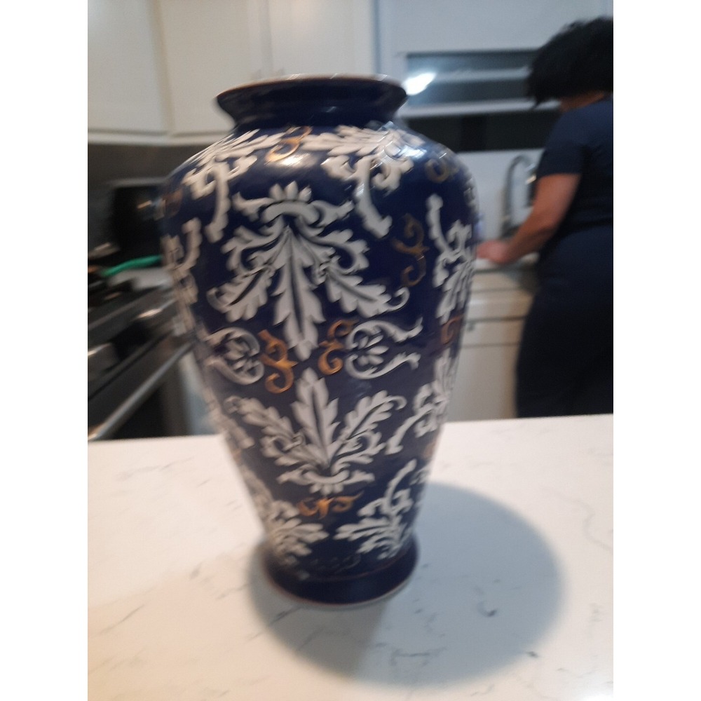 vintage ceramic 12" floral vase Cobalt blue white hand painted‎ flowers